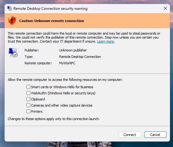 Remote Desktop security warning — Example of the rendering bug with overlapping buttons and text