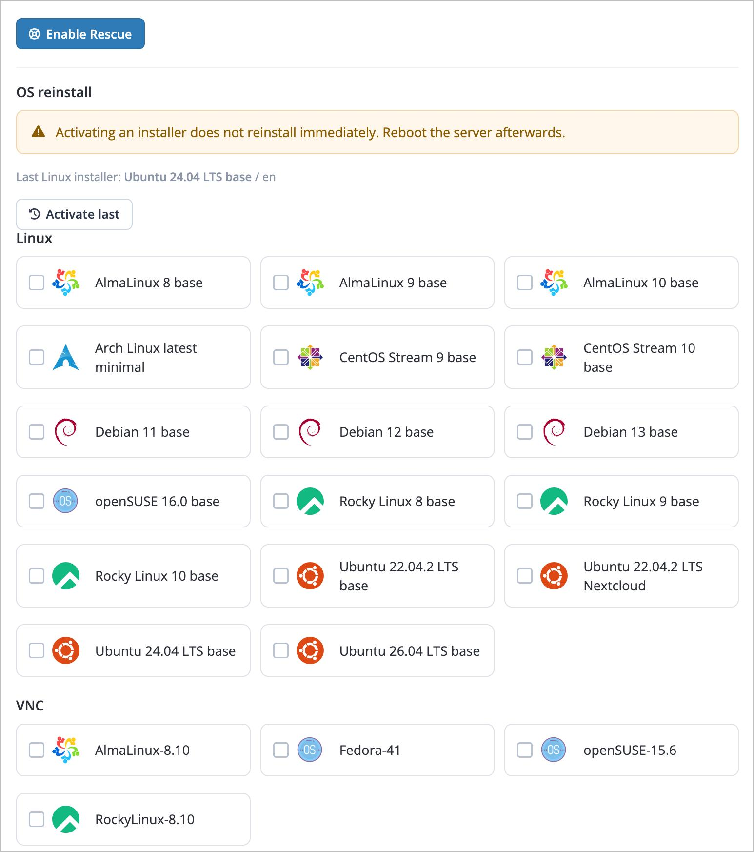 Aminserve Germany Dedicated Server OS Reinstall and Rescue Distribution Templates