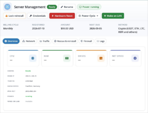 Aminserve Germany Dedicated Server Management Panel Overview and Hardware Controls