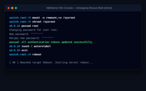 Reset root password in CentOS AlmaLinux Rocky Linux via GRUB emergency shell