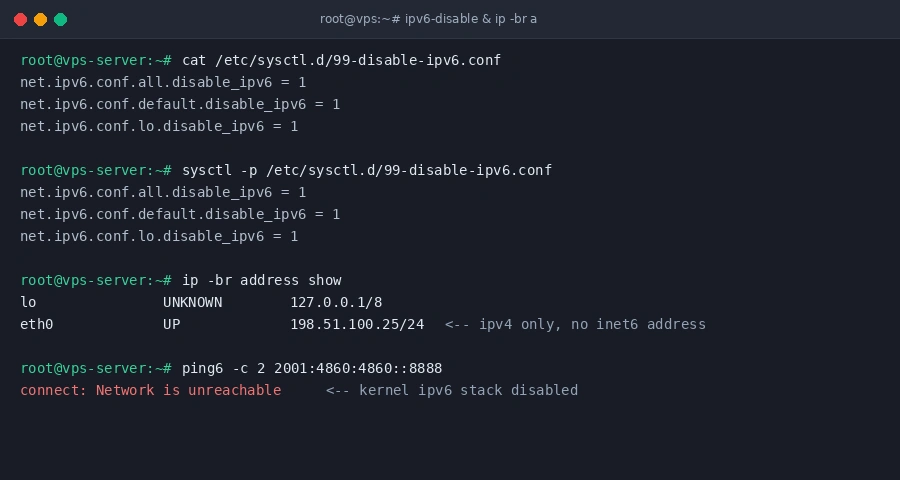 Linux sysctl disable IPv6 network stack in terminal