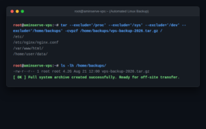 Full system backup of Linux server using tar and rsync