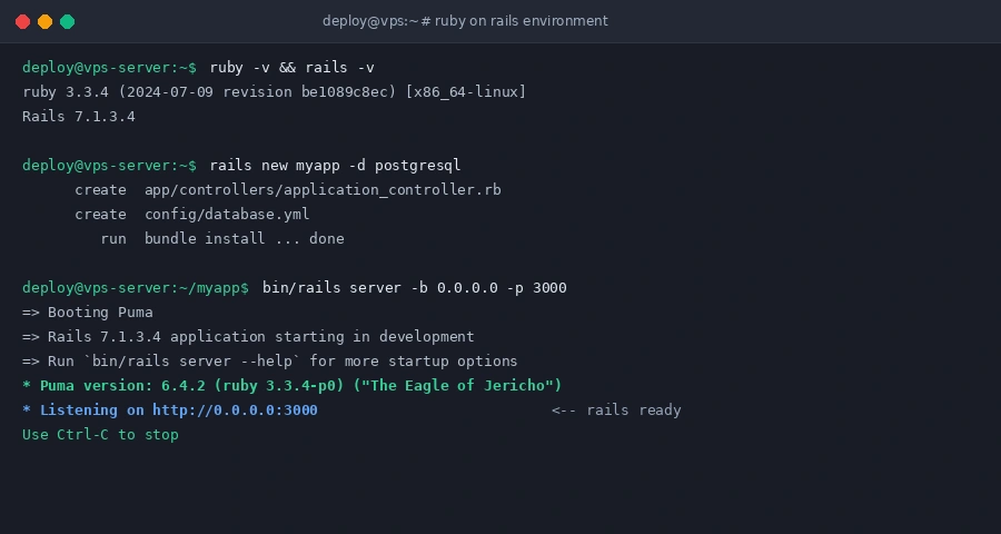 Ruby on Rails and Puma web server running on port 3000 in Linux terminal
