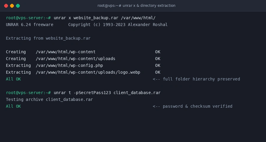Linux unrar x command preserving directory structure in terminal