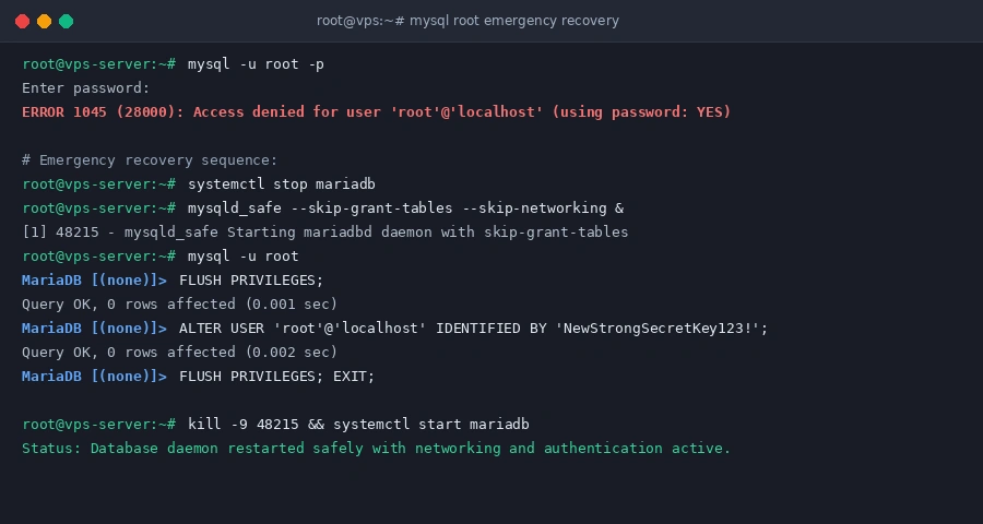 MySQL Error 1045 28000 Access Denied recovery and root password reset in Linux terminal