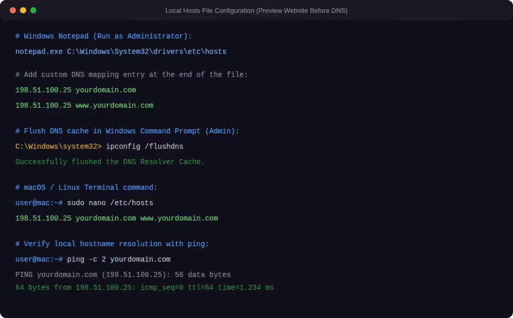 preview website hosts file dns override